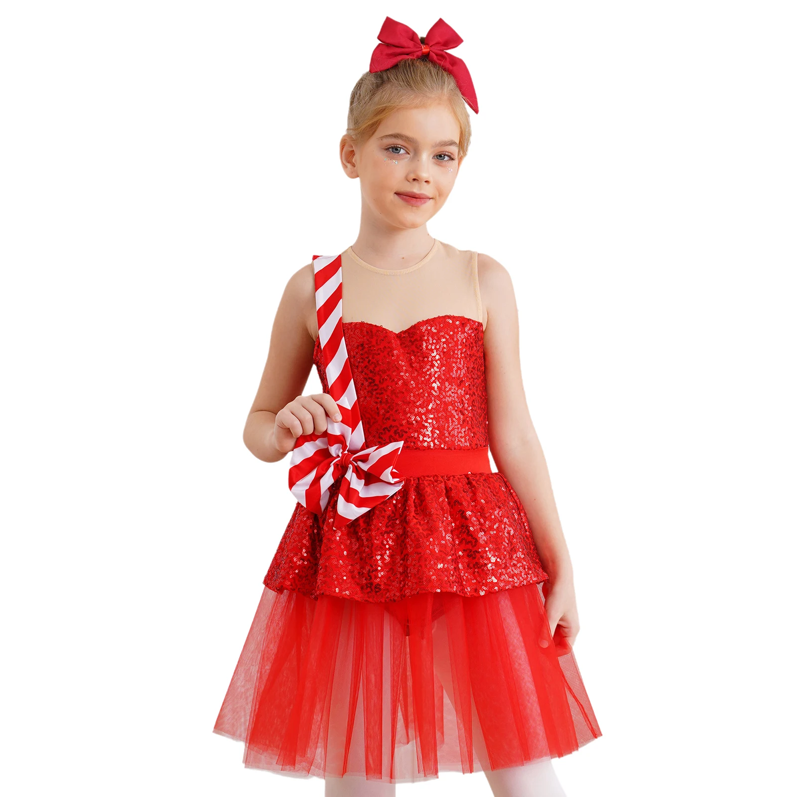 Girl New Year Christmas Dress Sequins Stripes Tutu Dress Carnival Party Gown Candy Cane Costume Holiday Performance Costume