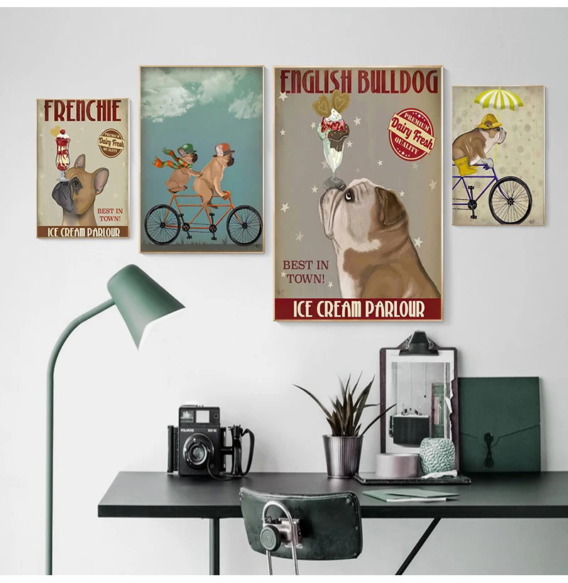 English Bulldog Ice Cream Dog Painting Canvas Pictures for Living Room Dog Bicycle Wall Art Retro Posters and Prints Quadros