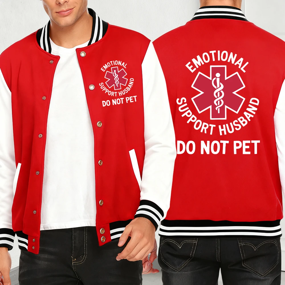 

Emotional Support Husband Do Not Pet Print Baseball Jersey Men Casual Streetwear Autumn Fashion Y2K Coat Fleece Pocket Clothing