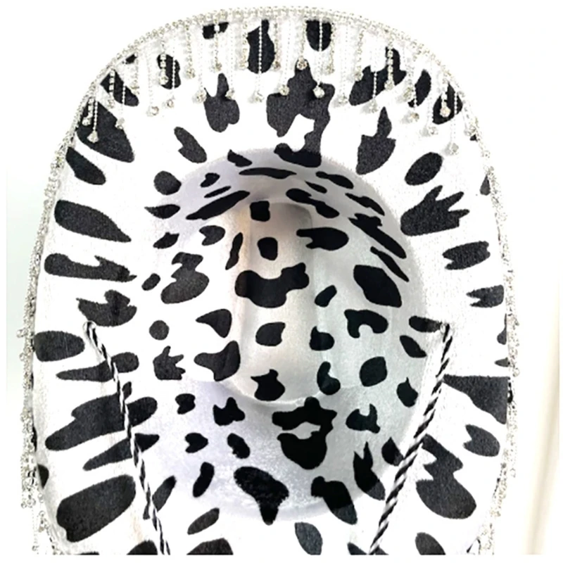 Dairy-Cow Print Tassel Cowboy Hat One Size Women Cowgirl Hats Unisex Party Costume Top Hats Panama Hat Night Club Cap