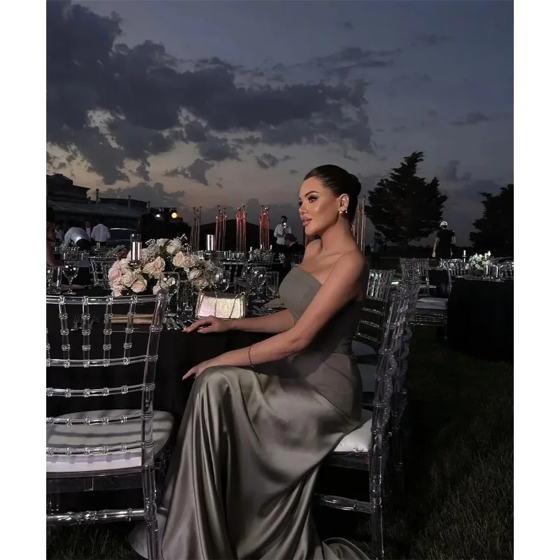 Elegante strapless satijnen avondjurk met kanten baljurk sweep trein prom feestjurk vestidos de fiesta op maat