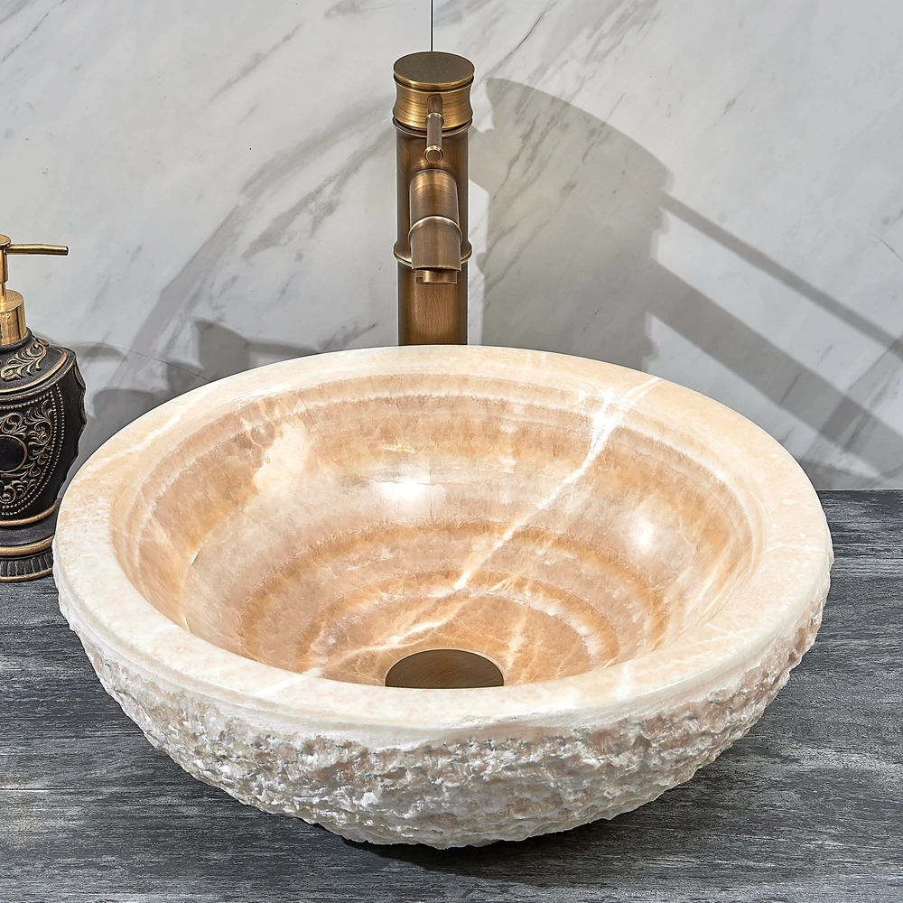 %r Modern Minimalist Style Round Zeolite Rustic Yellow Onyx Stone Vessel Sink Bathroom Hotel Use Polished Finish Counter Top