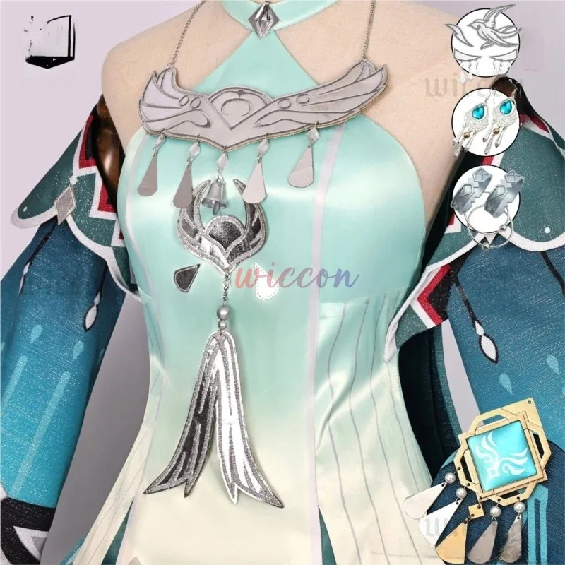 Genshin Impact Lan Yan-Disfraz de Cosplay, peluca, vestido, tocado, pendientes, Liyue, tejido de primavera de Jade, fiesta de Halloween para mujer XZG5HK