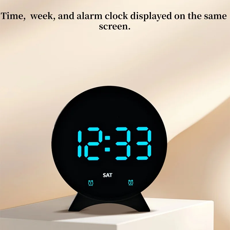 USB-betriebener digitaler DST-Wecker TEMP Datum Woche Anzeige 3-stufige Helligkeit 2 Alarme Nachtmodus Tischuhr 12/24 Stunden LED-Uhr – Detail 11