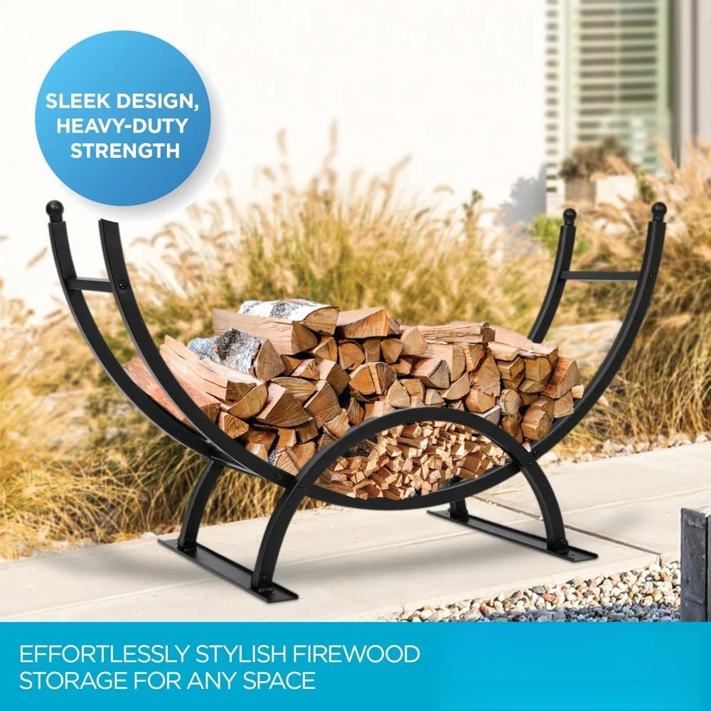 50in Firewood Rack for Outdoor or Indoor Use | Large Capacity | Fire Wood Log Storage Holder | Black Elevated Curved Design