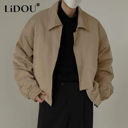 Spring Autumn Vintage New Solid Color Turn-down Collar Long Sleeve Outwear Man Rib Sleeven Zip Fastener Pockets Casual Cardigan