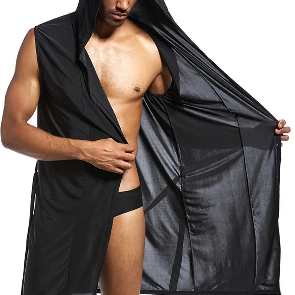 Men's Home Bathrobe Sleeveless Silky Smooth Soft Hooded Sleeping Robe Pajama Comfortable Ultra-thin Lingerie Loose Bathing Suits