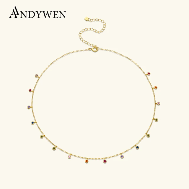 ANDYWEN 925 Sterling Silver Gold Rainbow Zircon Charm Choker Chain Necklace Rock Punk Party New Beads Pendant 2021 Fine Jewelry