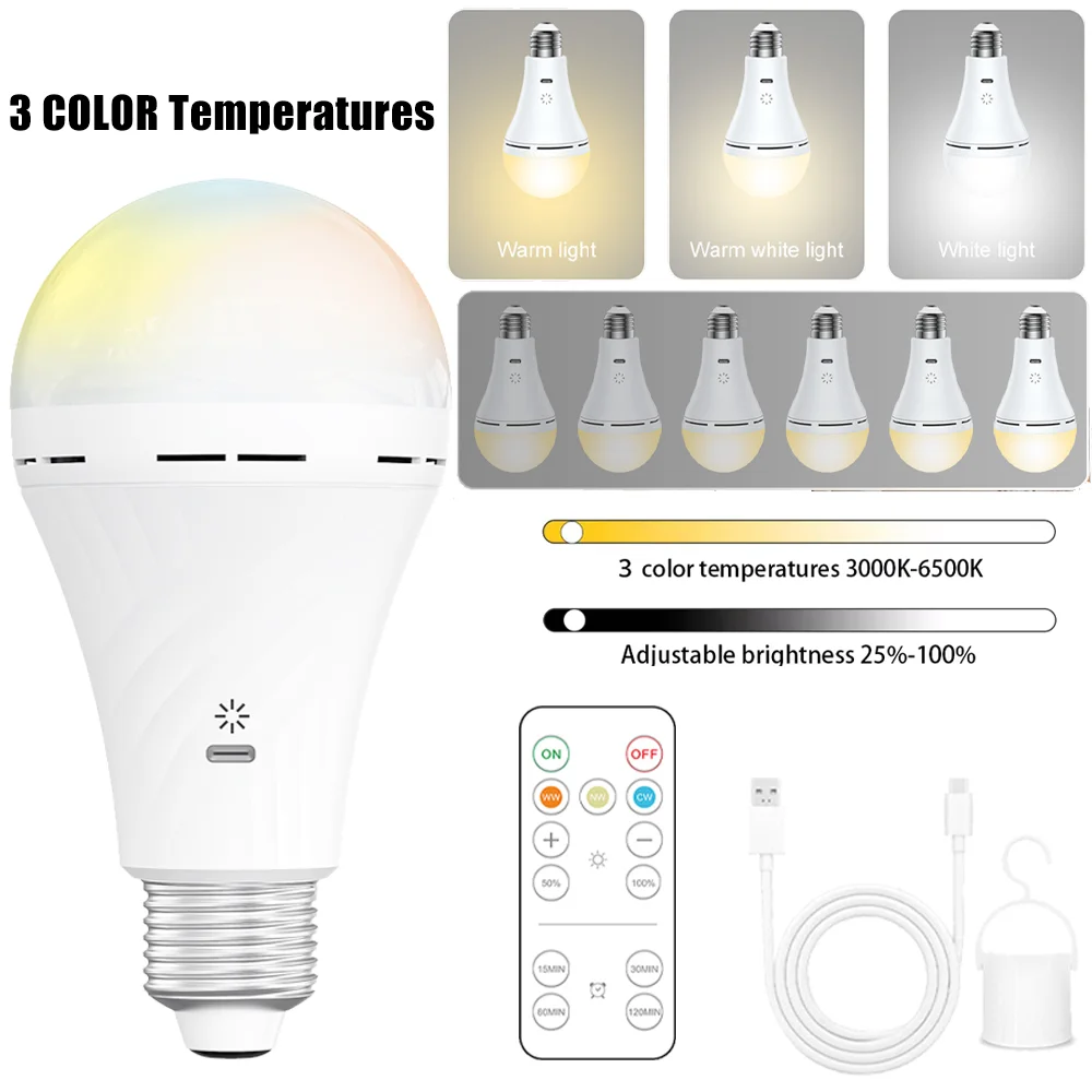 USB Rechargeable Light Bulb 3 Color Led Bulb Dimmable E27 Bulbs with Timing Cordless Battery Operated Light Bulb Emergency Light