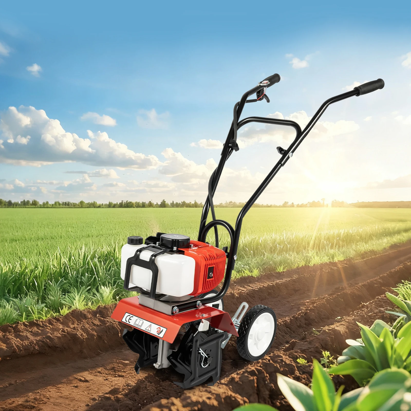 

52CC Gas Powered Garden Tiller 2-Stroke Air-Cooled Hand Rotary Cultivator Rototiller for Trenching, Turning Soil, Loosening