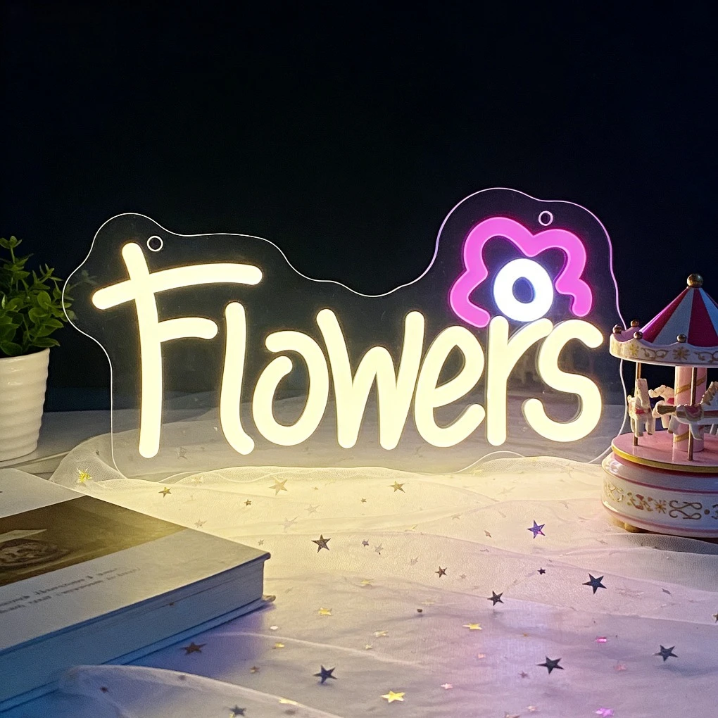 Flowers LED Neon Sign Pink Flower for Bedroom Living Room Romantic Home Decor Cute Night Light Gift for Wedding Birthday Party