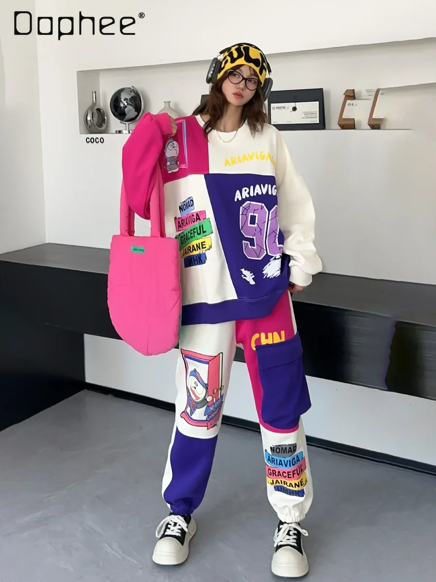 Contrasting Color Splicing Casual Sports Suit Cartoon Print Crew Neck Pullover Sweatshirt and Cargo Pants Two-piece Sets Women