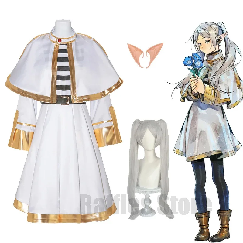 qq 123Frieren At The Funeral Frieren Anime Cosplay Costume Wig Halloween Christmas Fancy Witch White Suit Elf-ear Women de disfr