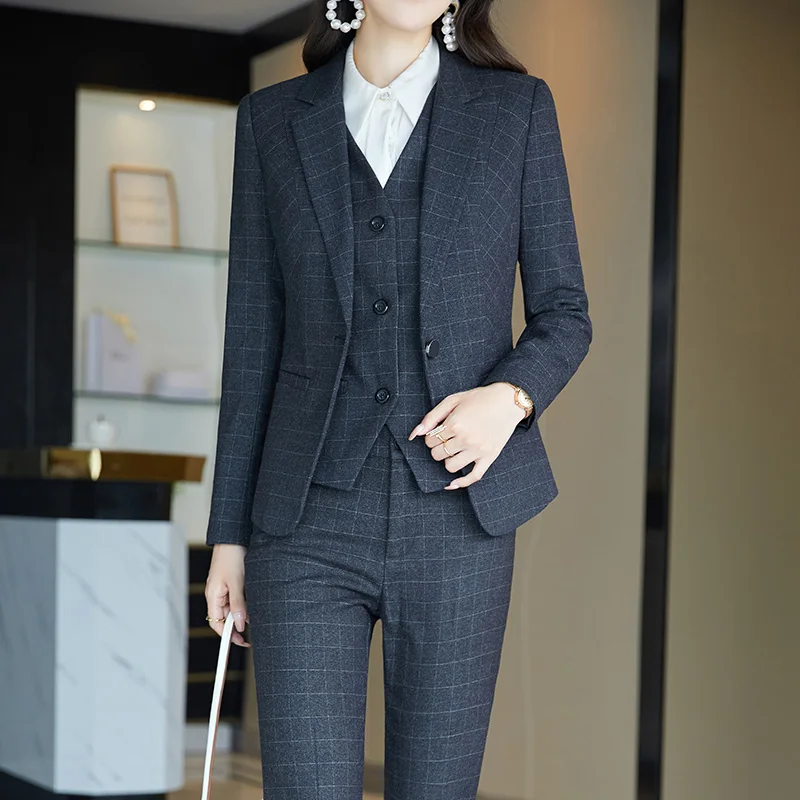 Lenshin 4 Piece Plaid Set Office Ladies Blazer Vest Pant Skirt Suit Uniform Designs Women Business Suits for work Formal Wear