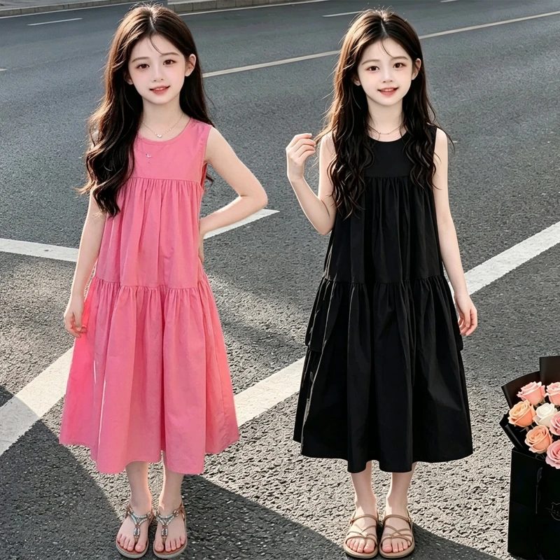 Teenage Girls Summer Round Neck Sleeveless Patchwork Dress Layered Cake A-Line Loose Casual Sun Skirt Suitable for Home and Dail