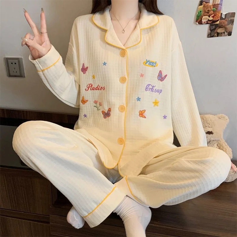 

Женская одежда, пижамы, женская осенне-зимняя одежда для сна, брюки с длинными рукавами, новая модель, хлопковый пижамный комплект, костюм, домашняя одежда, однотонный