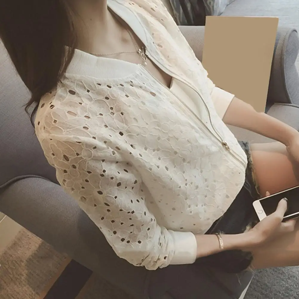 Women Short Jacket Acrylic Women Jacket Women’s Thin Lace Baseball Jacket Sheer Zip-up Stand Collar Coat Hollow Out Long