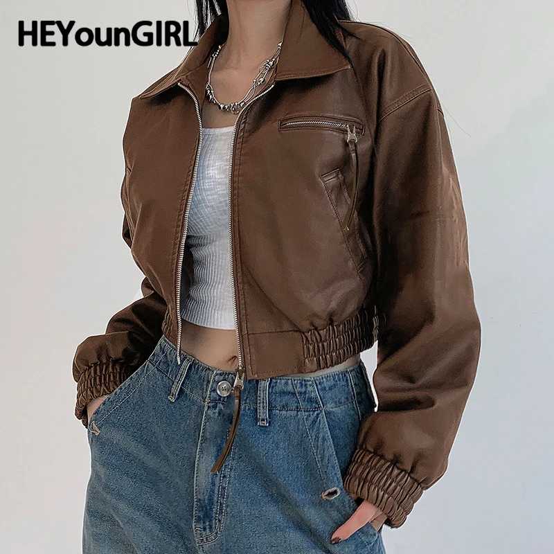 HEYounGIRL koreańska moda brązowa kurtka z PU Y2K Vintage jesień Casual Faux Leather płaszcz z zamkiem błyskawicznym Harajuku Streetwear znosić Lady