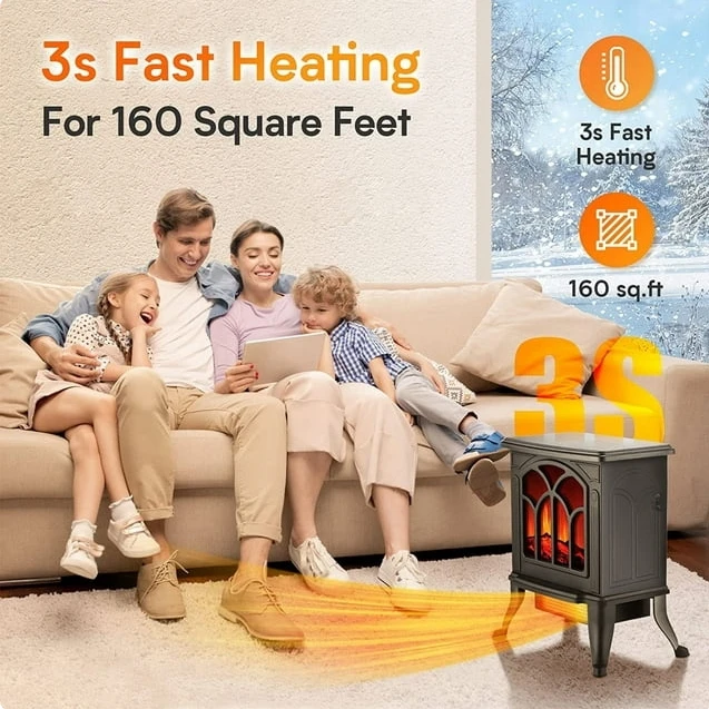 HONGGE Electric Fireplace-Indoor Freestanding Space Heater with Faux Log and Flame Effect, Black