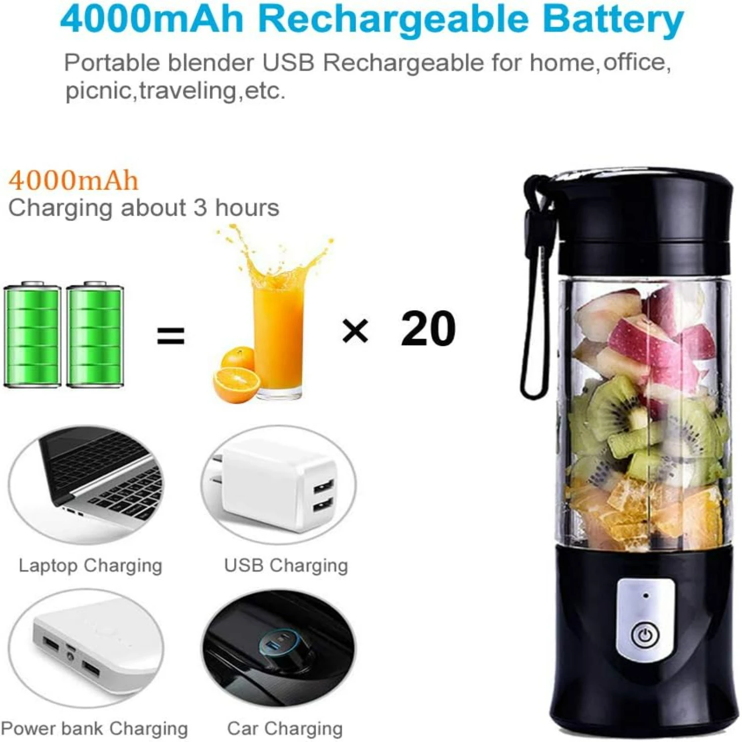 Convenient, portable and compact black cordless single serve personal mini blender with USB rechargeable battery - perfect for o