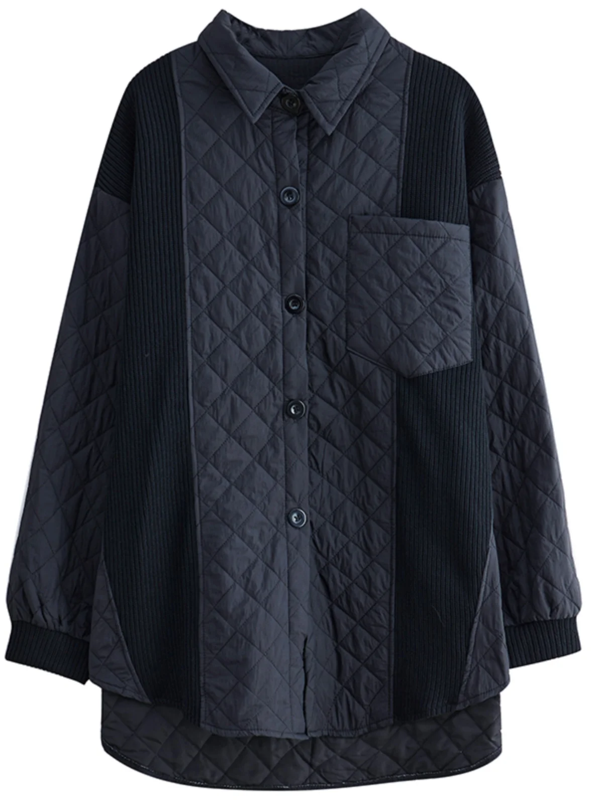 เสื้อคลุมผู้หญิงทรงหลวม คอปก ลายเรขาคณิตสไตล์เรโทร ผ้าถักผสมฝ้าย แต่งกระดุม