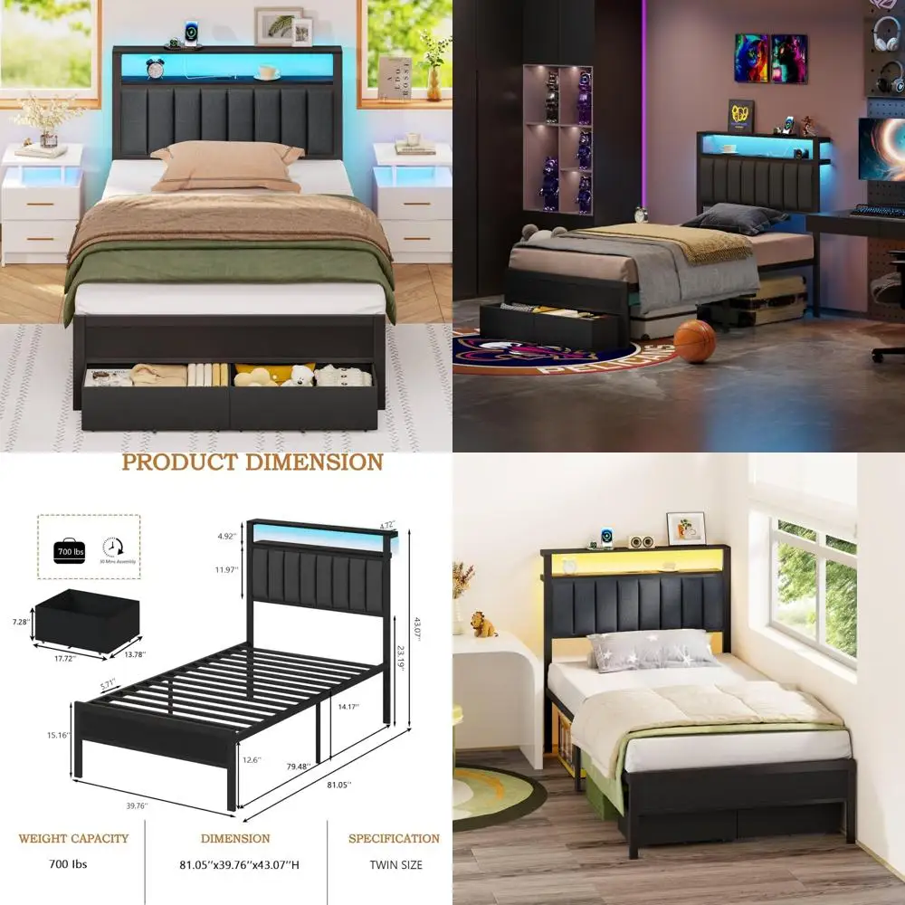 

Grey Upholstered Twin Bed with Charging Station, LED Lights, and Storage Shelves