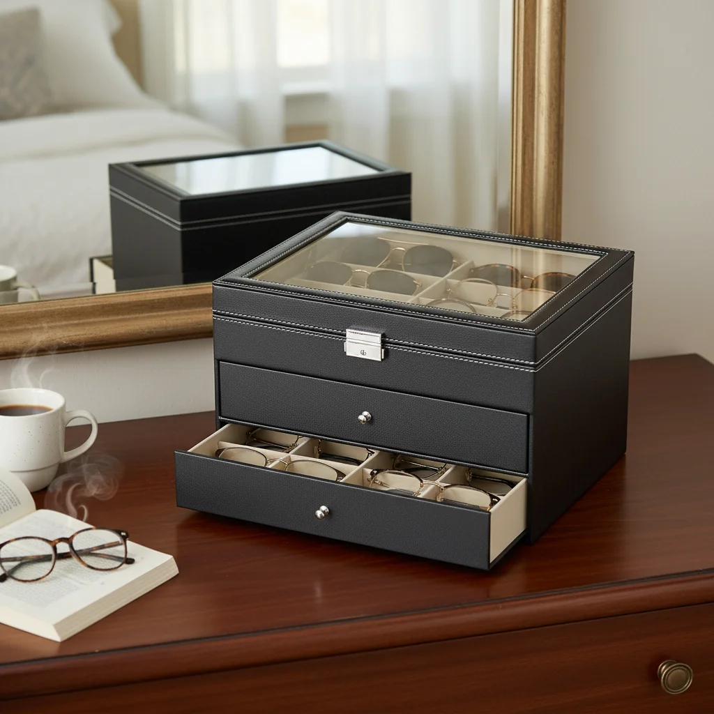 

Черный элегантный футляр для очков, 3-ярусный органайзер на 24 отделения для солнцезащитных очков с замком и ключом для дома, офиса, хранения ювелирных изделий