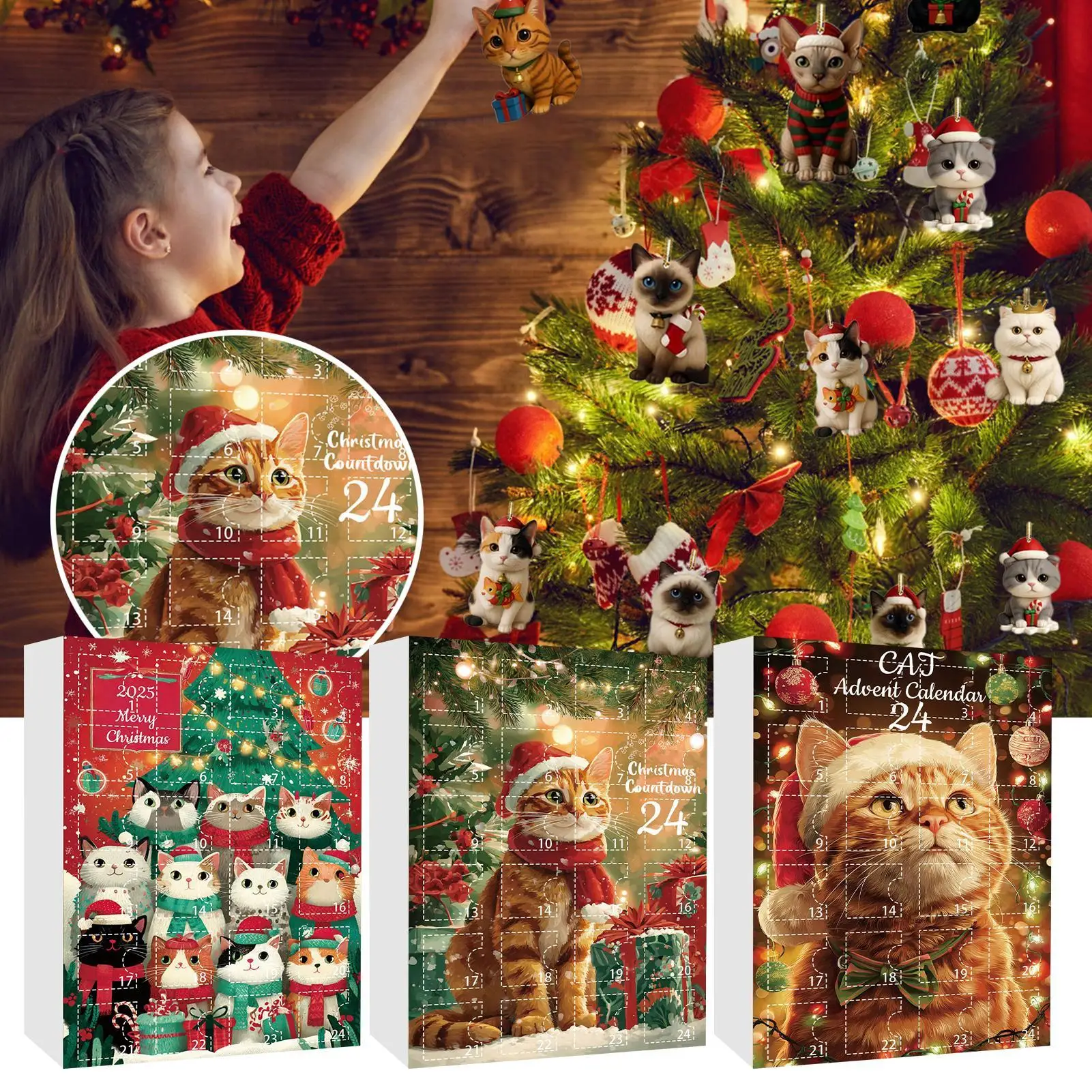 

Cat Christmas Countdown Calendar, 24 Days of 2D Ornament Keychain Toy for Kids, Toddlers, Teens, Adults, for Holiday Party Decor