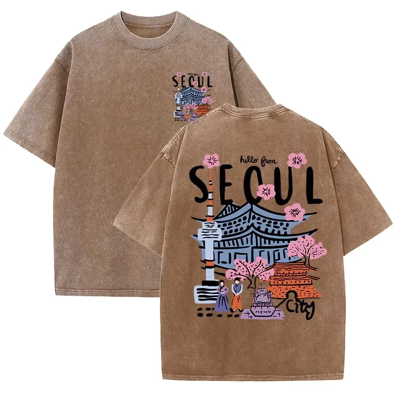 Seoul Beautiful Scenery Printed Washed T Shirt Female Summer Crewneck Clothes Trendy Cotton Short Sleeve Casual New T-Shirts