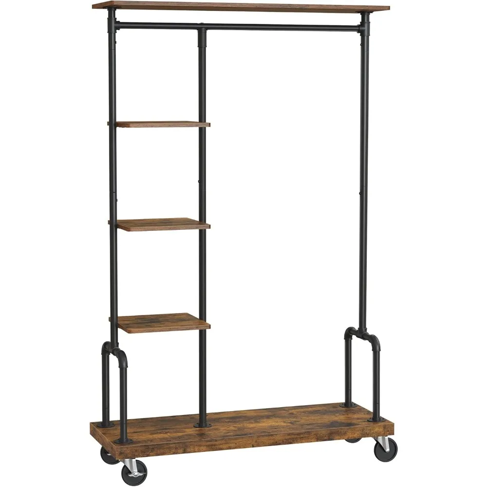 Clothes Rack, Clothing Garment Rack on Wheels, Rolling Clothes Organizer with 5-Tier, Industrial Pipe Style, Rustic Brown