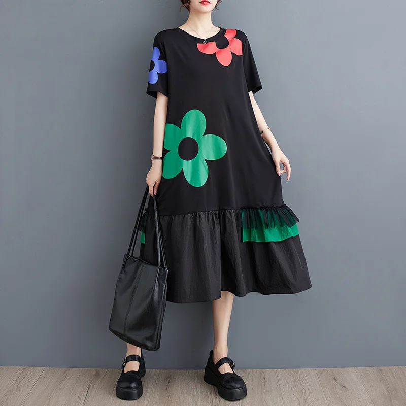 #3421 Flower Printed A-line Dress Women Black Long T Shirt Dress Short Sleeve Loose O-neck Korean Style Midi Dress Female Summer