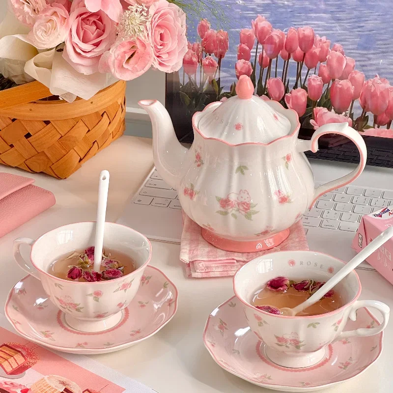 Cute Pink Rose Rabbit Souvenir Ceramic Teapot Set French Afternoon Tea Cup Saucer Girls Birthday Tea Set