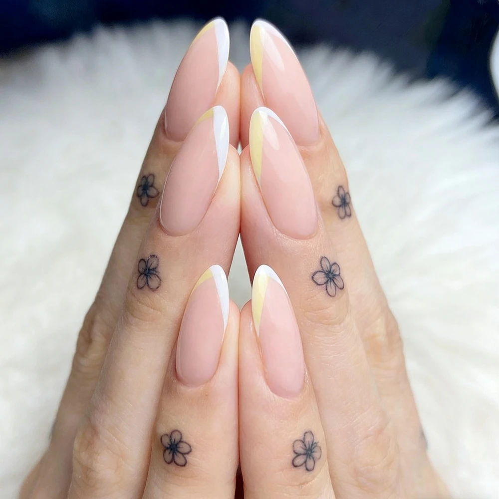 24Pcs Natural Acrylic Press On False Nails With Glue French Short Stiletto Fake Nails For Woman Manicure Fingertips V Shape