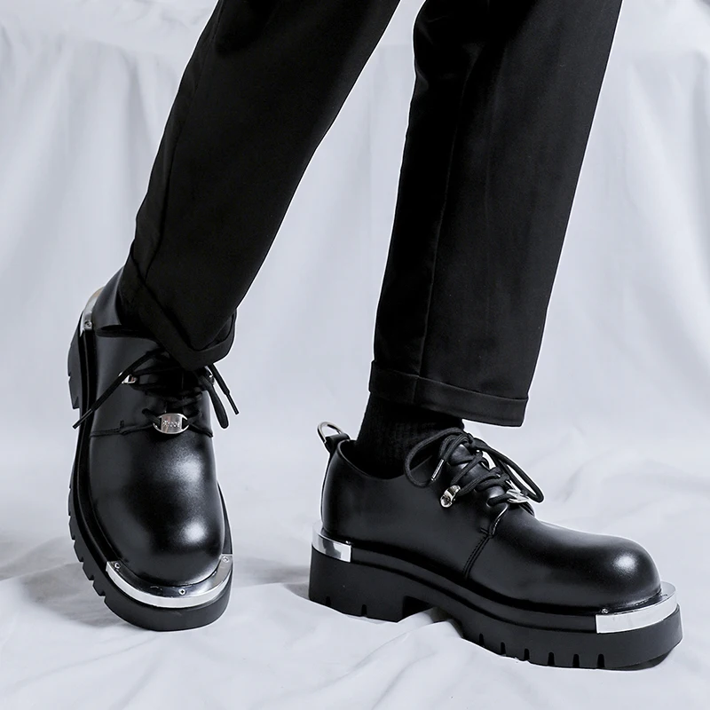 

Men's casual derby leather shoes Designer's style Office Business Outdoor autumn and winter thick soled Luxury Black New