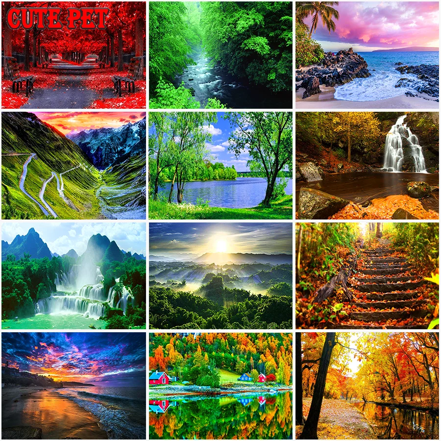 Maple Lake Diy 5D Diamond Painting Mountains and rivers Mosaic Diamond Embroidery Sunset sea Cross Stitch natural scenery Decor