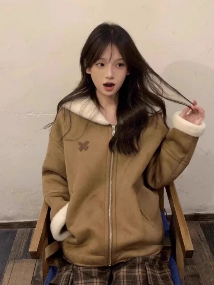 

Корейская шуба с тонким мехом, темно-синий воротник, теплая внутренняя кожа и меховая верхняя одежда, модный осенний топ, женское пальто