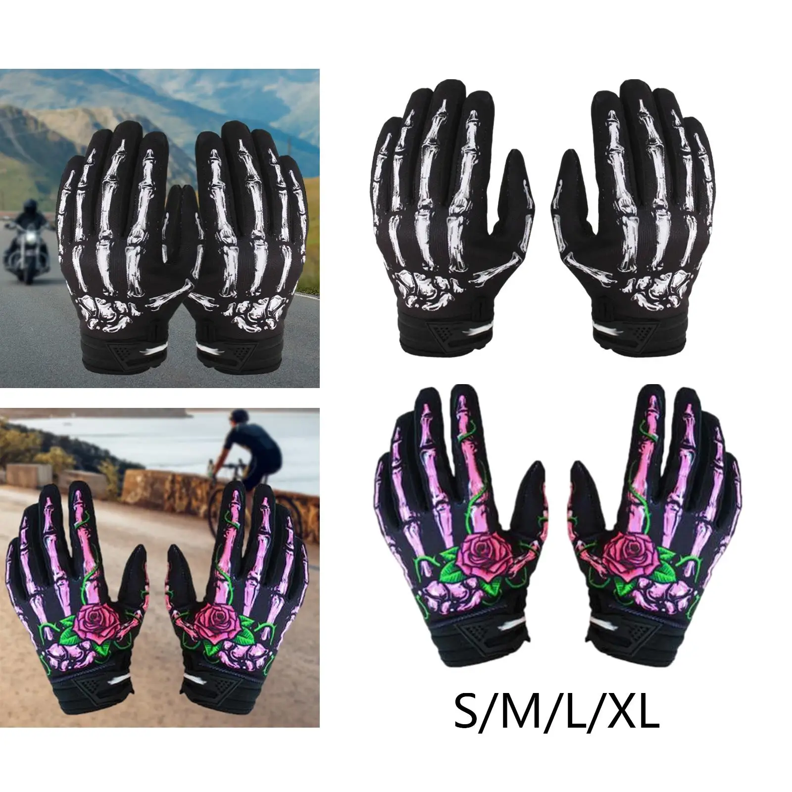 Skeleton Bones Pattern Motorcycle Gloves Anti Slip Breathable Cycling Gloves Riding Gloves for Halloween Props Multipurpose