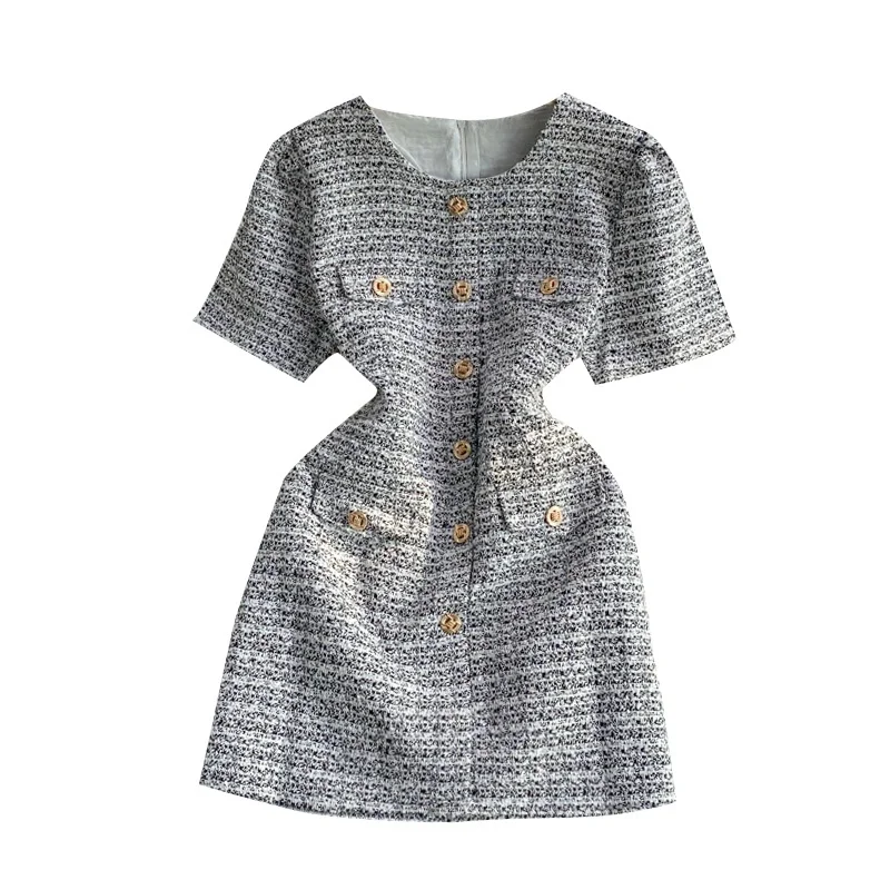 Ele Korean Sle Round Ne Single Button Tweed Ort Sve Dr Faionable Commute High Waist A-Line Midi Dr