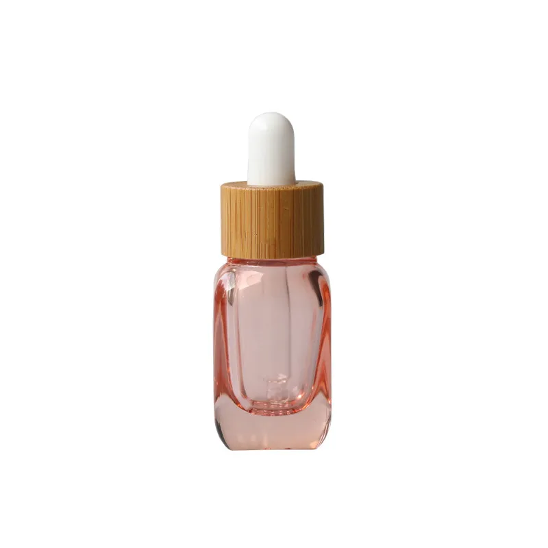 10/15pcs 10ml 30ml garrafas conta-gotas de vidro transparente/rosa com tampa de bambu garrafas vazias de óleo essencial com pipetas de vidro