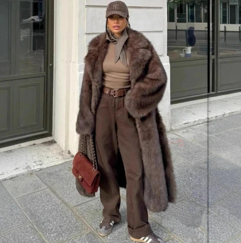 معطف أنيق من الفرو الصناعي للنساء سترة طويلة من القطيفة بلون سادة وسترة دافئة سميكة فاخرة على طراز الشارع #3