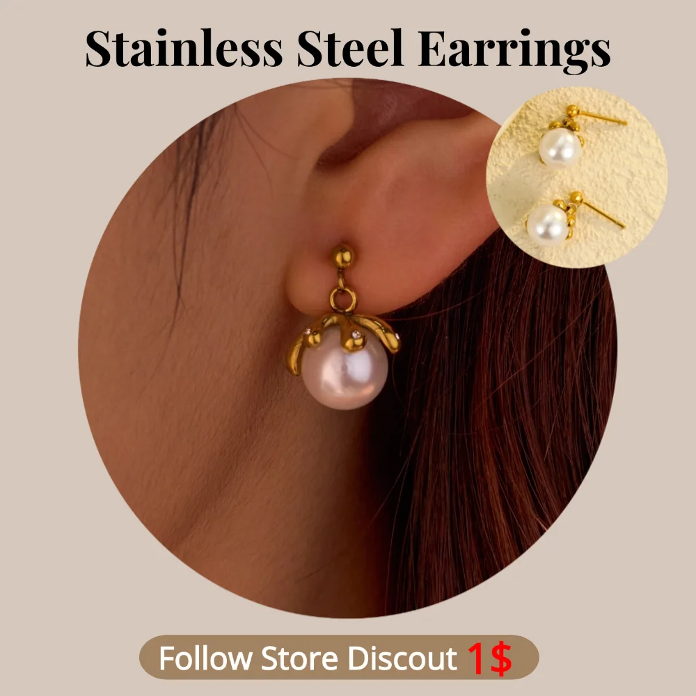 Stainless Steel Pearl Zircon Flower Earrings Plated 18K Gold Color Non Tarnish Waterproof Trendy Jewelry Earrings For Women