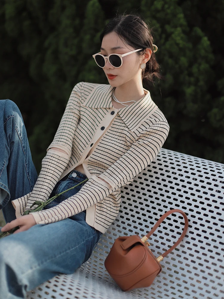 

Вязаный кардиган Bela Studio Slim Fit в полоску с длинными рукавами, отложным воротником, для повседневной носки, женская модная осенняя одежда