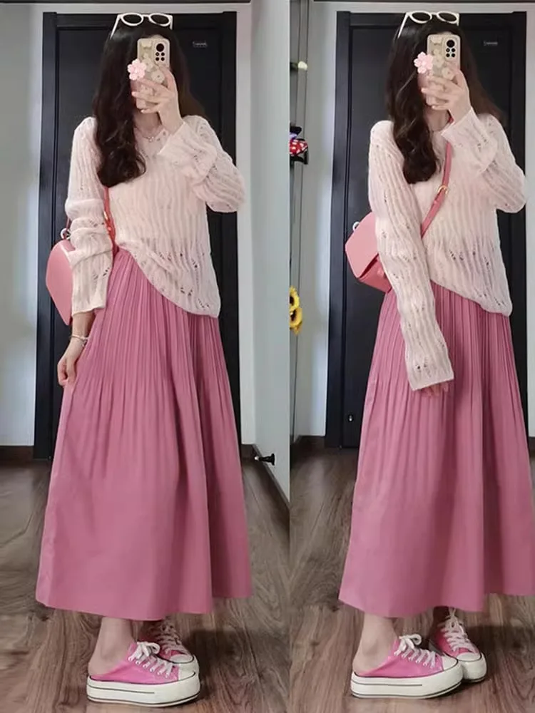 

Slimming Effect Loose Women's plus Size Tea Color Lazy Sle Top And f Skirt Two-Piece Set Autumn Faion Casual Wear