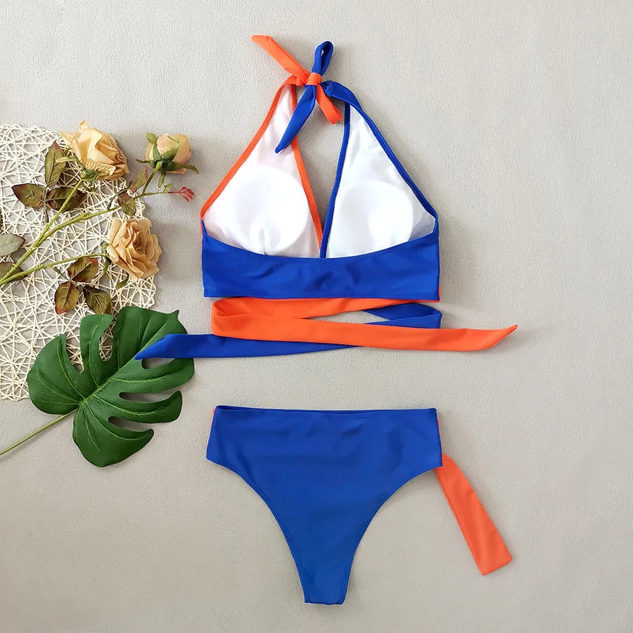 sexy blue orange patchwork bikinis sets two pieces bandage halter ring swimsuits beachwear bathing suit swimwear biquini tankini