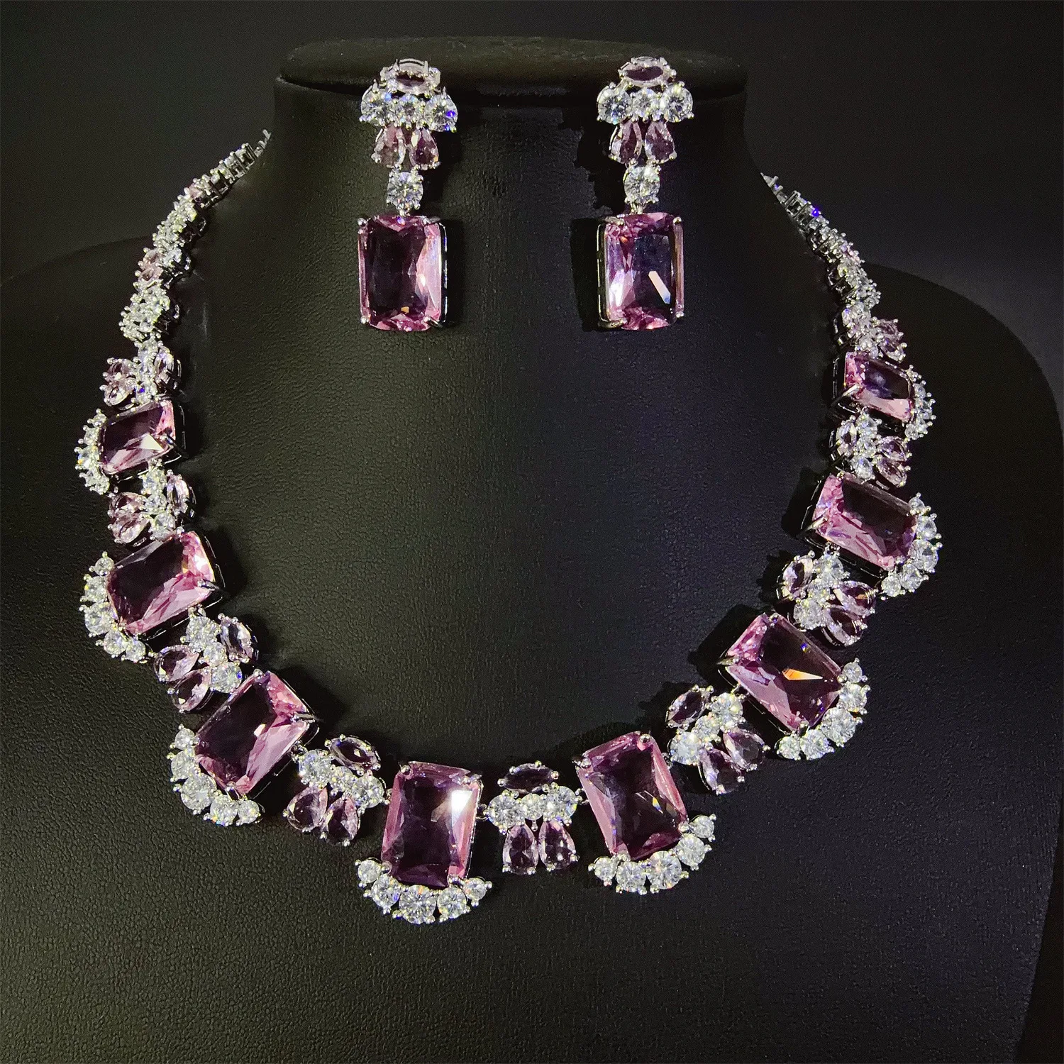 

Popular twinkle square sliver color necklace earrings women dress decoration light luxury jewelry wedding Nigerian gift M-902