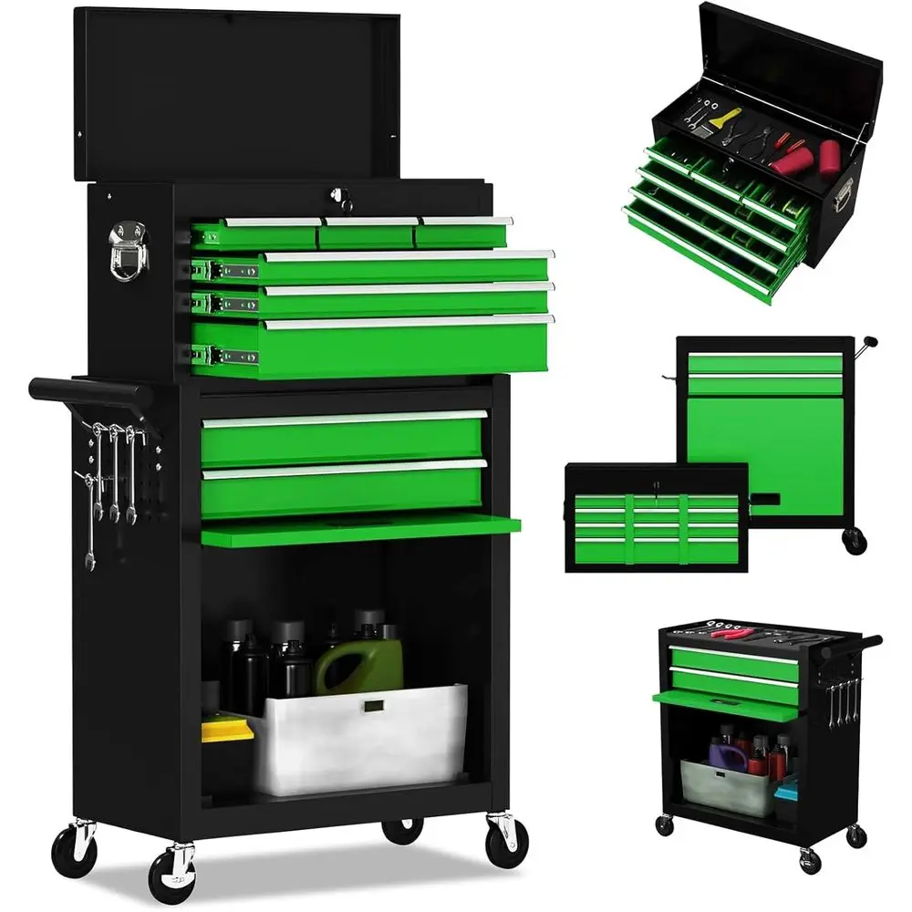 

Мощный передвижной ящик для инструментов на 8 ящиков с выдвижным шкафом, запираемый контейнер для хранения для мастерской и гаража (черный и зеленый)