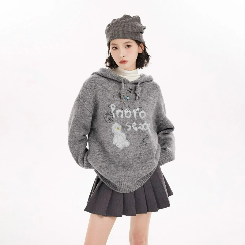 Grijs bedrukte trui met capuchon, gebreide trui voor dames, herfst/winter, nieuwe stijl, modieuze casual losse trui in Koreaanse stijl