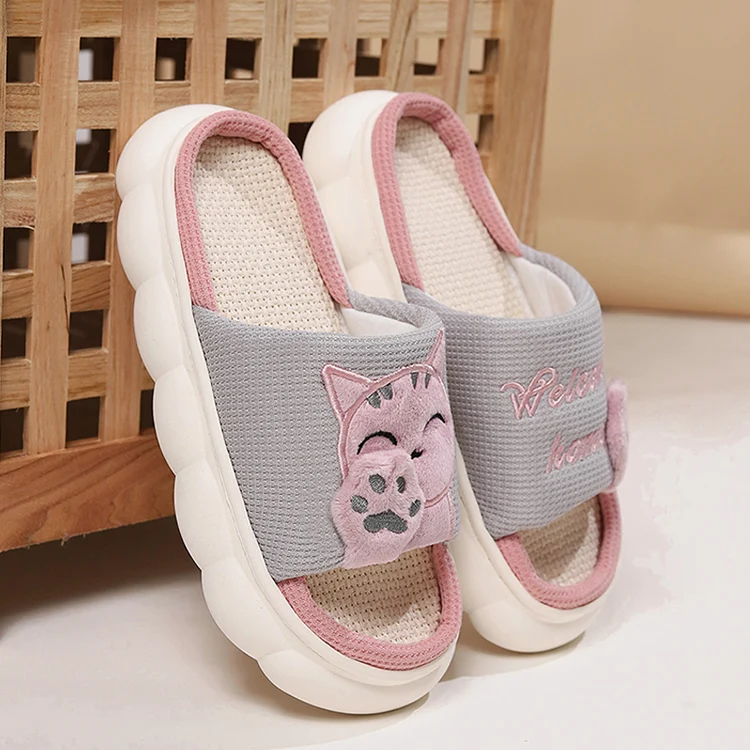 Leinen Casual Hausschuhe Frauen Haus Plattform Niedlichen Cartoon Katze Designer Schuhe Mädchen Flache Mode Elegante Schuhe Indoor Große Größe – Detail 16