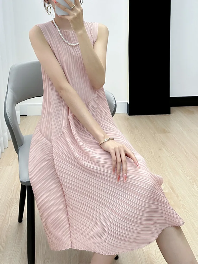 Miyake Women Pleated Sleeveless Irregular Dress Fashion Round Neck Solid Color A-Line Dresses Party 2023 New Vest Dress Clothing