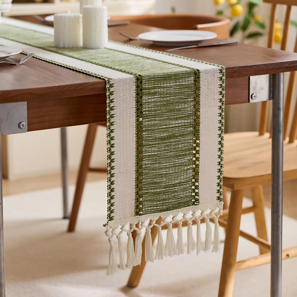 Nordic-Bohemian Striped Table Runner: Hand-Woven Tassels for Dining Tables, Round Coffee Tables & Rustic Home Decor